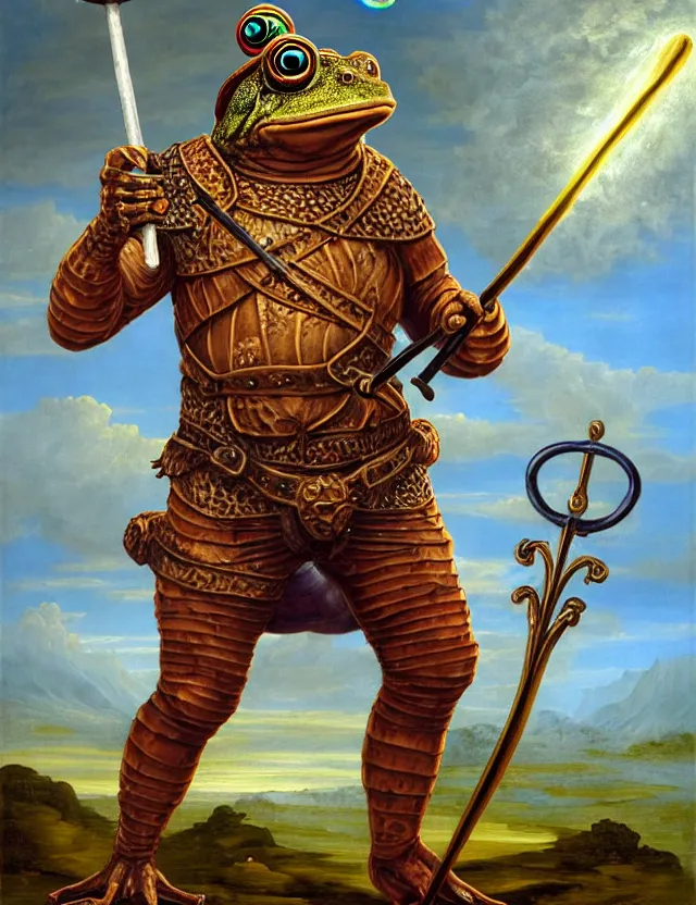 Prompt: anthropomorphic bipedal frog that is dressed as a medieval barbarian, and wielding a club weapon, as a renaissance oil painting and d & d character art, by alex grey, standing, fullbody, floating bubbles, enlightenment, mystic, concept art, award - winning, extremely detailed, sharp focus