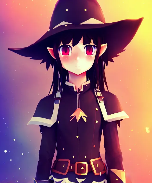 Prompt: adorable young cute anime elf girl, cowboy hat long black hair, explorer armor. symmetrical face. symmetrical detailed defined eyes. beautiful lineart. bokeh pixiv # 1 ranking depth focus, chromatic aberration, noise, soft lighting, srgb, 4 k, cinematic