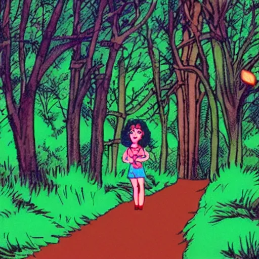 Image similar to screenshot from an animated 80s movie of a girl and tall monster walking through the woods