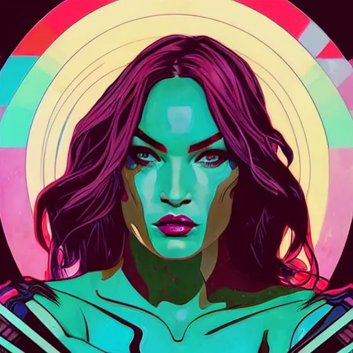 Image similar to Megan Fox as gamora (Guardians of the Galaxy) by Sandra Chevrier, Alphonse Mucha, beeple, Pi-Slices and Kidmograph, beautiful digital illustration