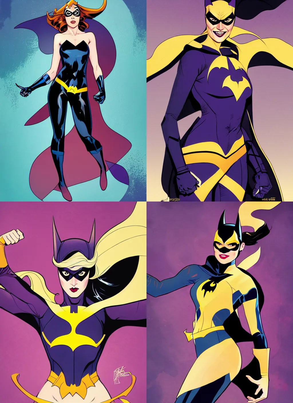 Image similar to in the style of Joshua Middleton comicbook cover art, Batgirl, fun pose Symmetrical body, smile