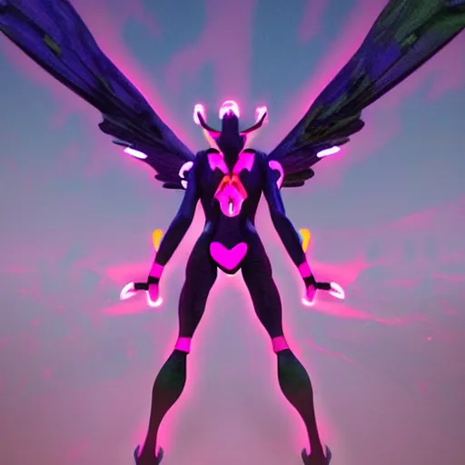 Image similar to evangelion biblical angel invaders with neon wings in a dim dark forest colorful 4 k path traced high definition detailed artstation realistic trending dramatic lighting dark and light contrast gothic pastel