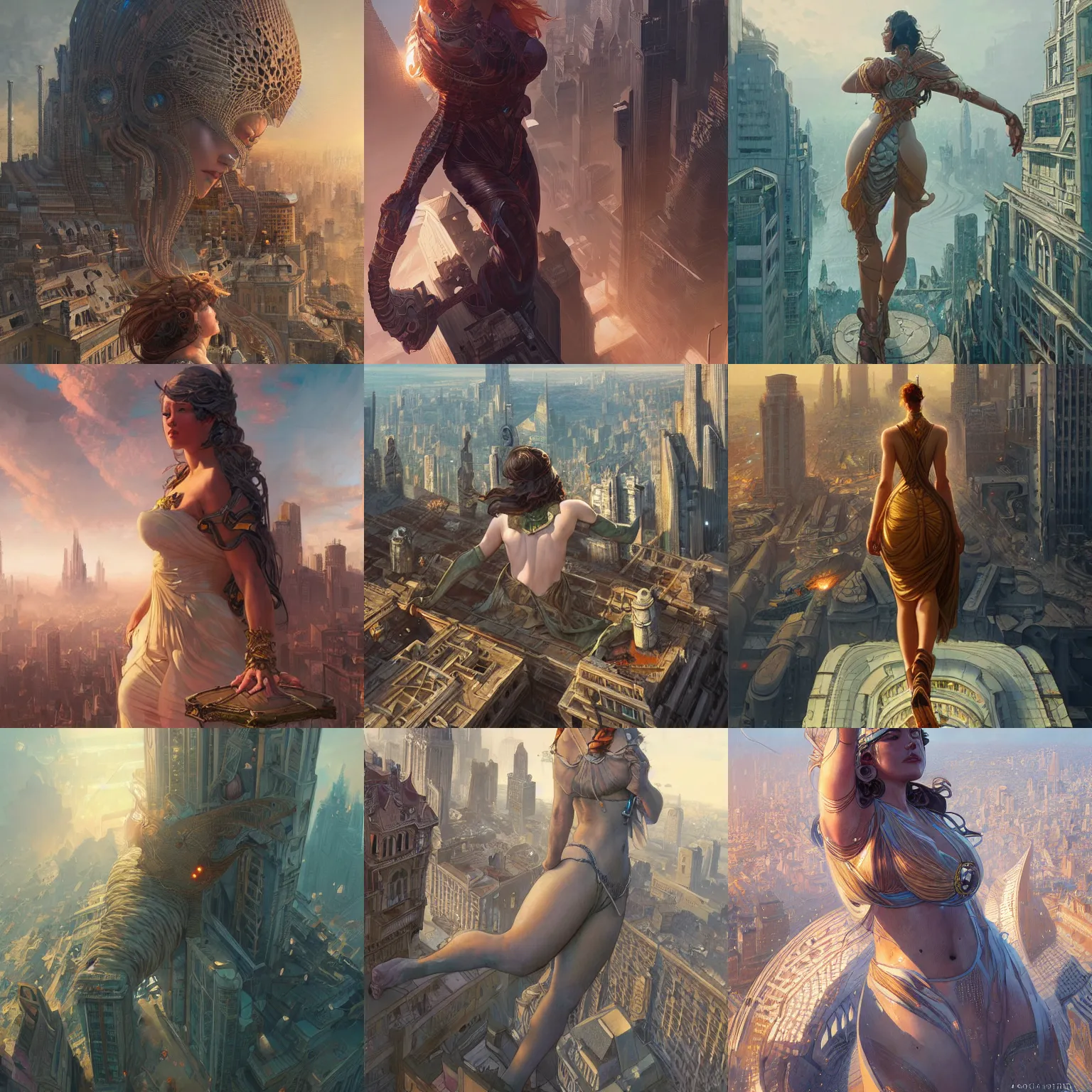 Prompt: giant colossus girl destroys city, high detail, 4 k, bird view, intricate, elegant, highly detailed, digital painting, artstation, concept art, smooth, sharp focus, illustration, art by artgerm and greg rutkowski and alphonse mucha