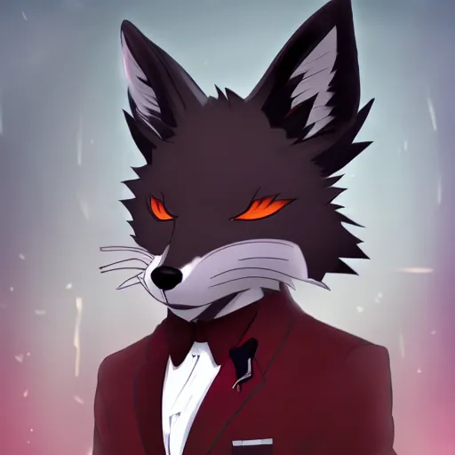Prompt: key anime visual of a portrait of an anthropomorphic black male fox anthro fursona, wearing a dark red business suit, stern menacing male eyes, anime office interior, official anime still