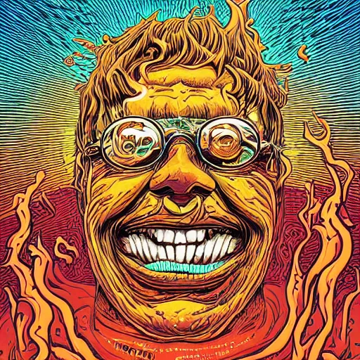 Image similar to portrait of head melting into another one, lava, laugh and surprise, by Dan Mumford