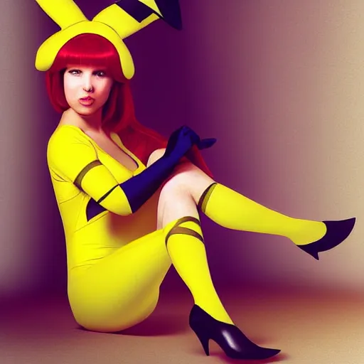 Image similar to elegant woman dressed up as pikachu, wearing stockings, digital art, rutkowsky, David Hamilton,