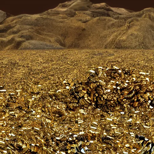 Prompt: millions of gold coins in a pile on top of a faraway hill