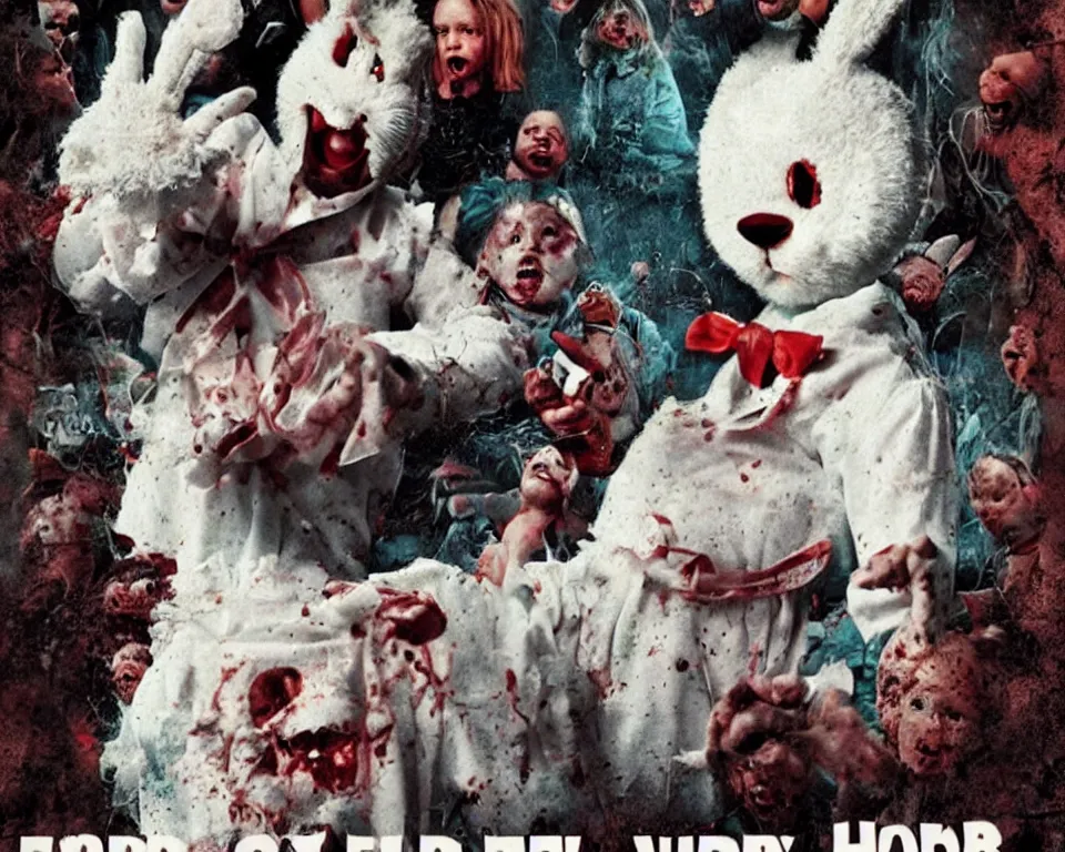 Image similar to a horror movie poster featuring the easter bunny