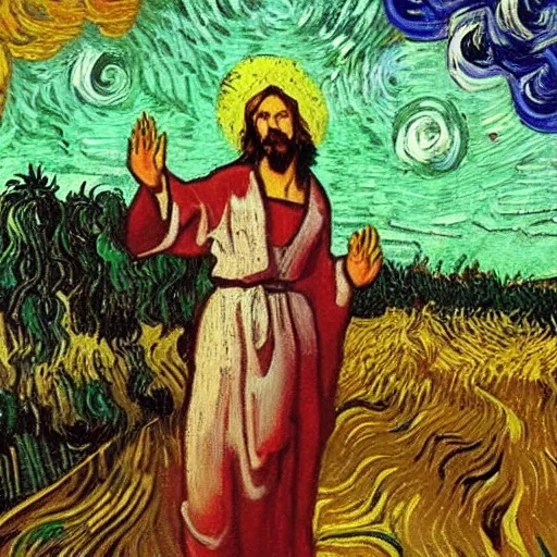 Prompt: jesus with devil spreads his hands against the background of growing cannabis. an oil painting in the style of van gogh