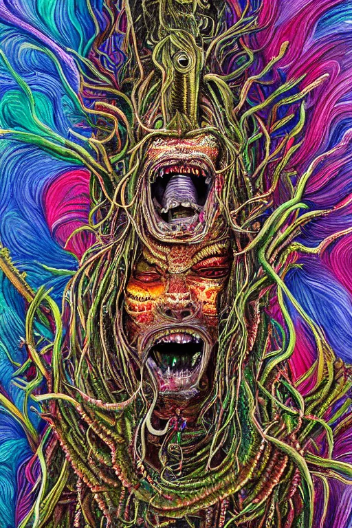 Image similar to a high detailed hyper detailed painting of a spiritual monster with dreadlocks and several eyes, pointy teeth and colorful skin with scales and strange textures, surreal psychedelic cosmic horror
