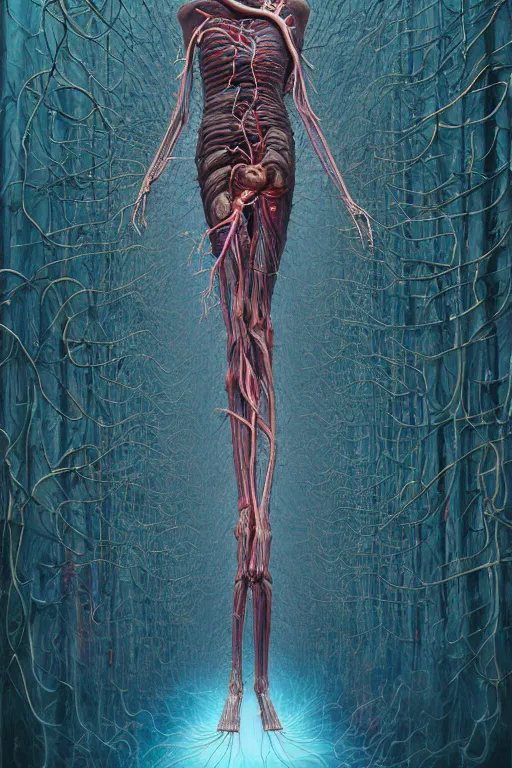 Prompt: a tall, fleshy, anatomical figure, with arteries as roots, hovering in the air, zero gravity, bursting neon stars, hauntingly surreal, highly detailed painting by james jean, part by gerhard richter, intricate detail, extremely detailed, hyper realism, simon stalenhag, beksinski painting,