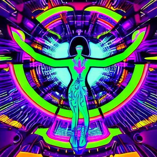 Prompt: neon angelic beings dancing across a techno song visualised, vibrant, dynamic, kaleidoscopic, rhythmic, ecstatic, neon lighting, geometric, fine lines, art nouveau, volumetric lighting, cinematic composition, clean, vector art, minimal,