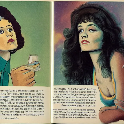 Prompt: a 7 0 s double page spread of a woman looking up at a man. the woman is called carmen and the caption how did i manage without carmen before. colour hi - def