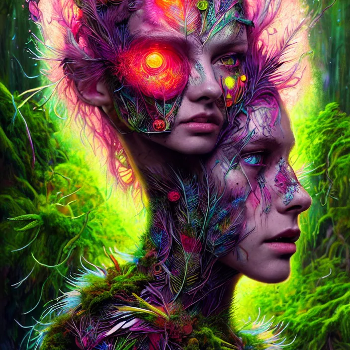 Prompt: bright psychedelic portrait of organic cyborg covered in moss and feathers in an ancient forest, diffuse lighting, fantasy, intricate, elegant, highly detailed, lifelike, photorealistic, digital painting, artstation, illustration, concept art, smooth, sharp focus, art by John Collier and Albert Aublet and Krenz Cushart and Artem Demura and Alphonse Mucha