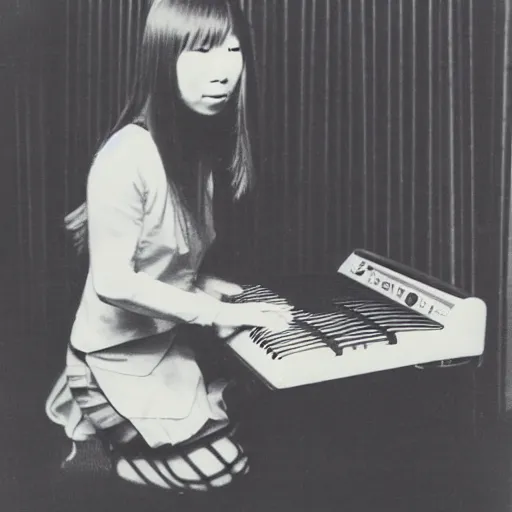 Prompt: 1 9 7 0 s polaroid of a female japanese musician playing a vintage synthesizer, hazy, faded