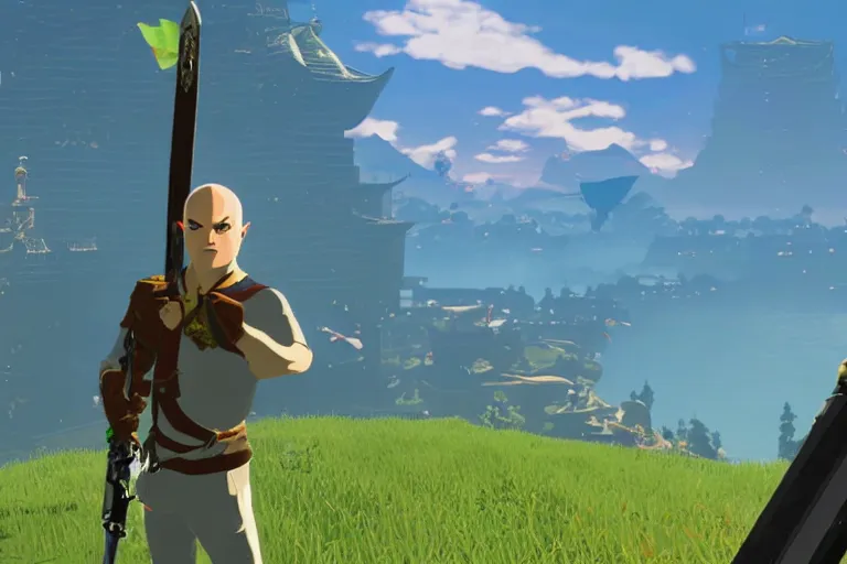 Prompt: agent 4 7 holding master sword in botw, breath of the wild screenshot