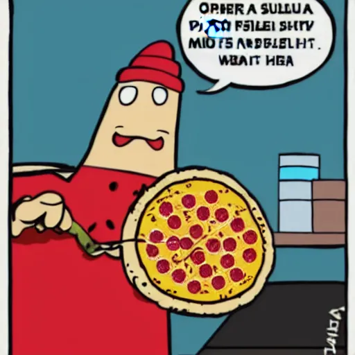 Prompt: sentient pizza rebelling against pizza hut, cartoon, high quality