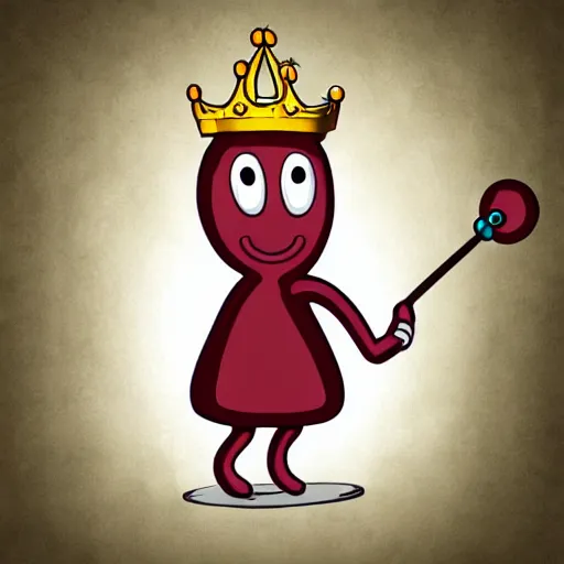 Image similar to kidney bean holding a staff, wearing crown, cartoon character, digital art, fun,