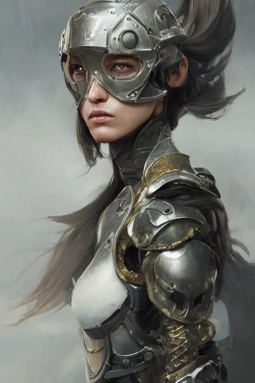 Image similar to a portrait of an attractive young woman, clothed in battle armor, olive skin, long dark hair, beautiful bone structure, symmetrical facial features, intricate, elegant, highly detailed, digital painting, trending on Artstation, concept art, smooth, sharp focus, illustration, from Metal Gear by Ruan Jia and Mandy Jurgens and Artgerm and greg rutkowski and william-adolphe bouguerea, award winning