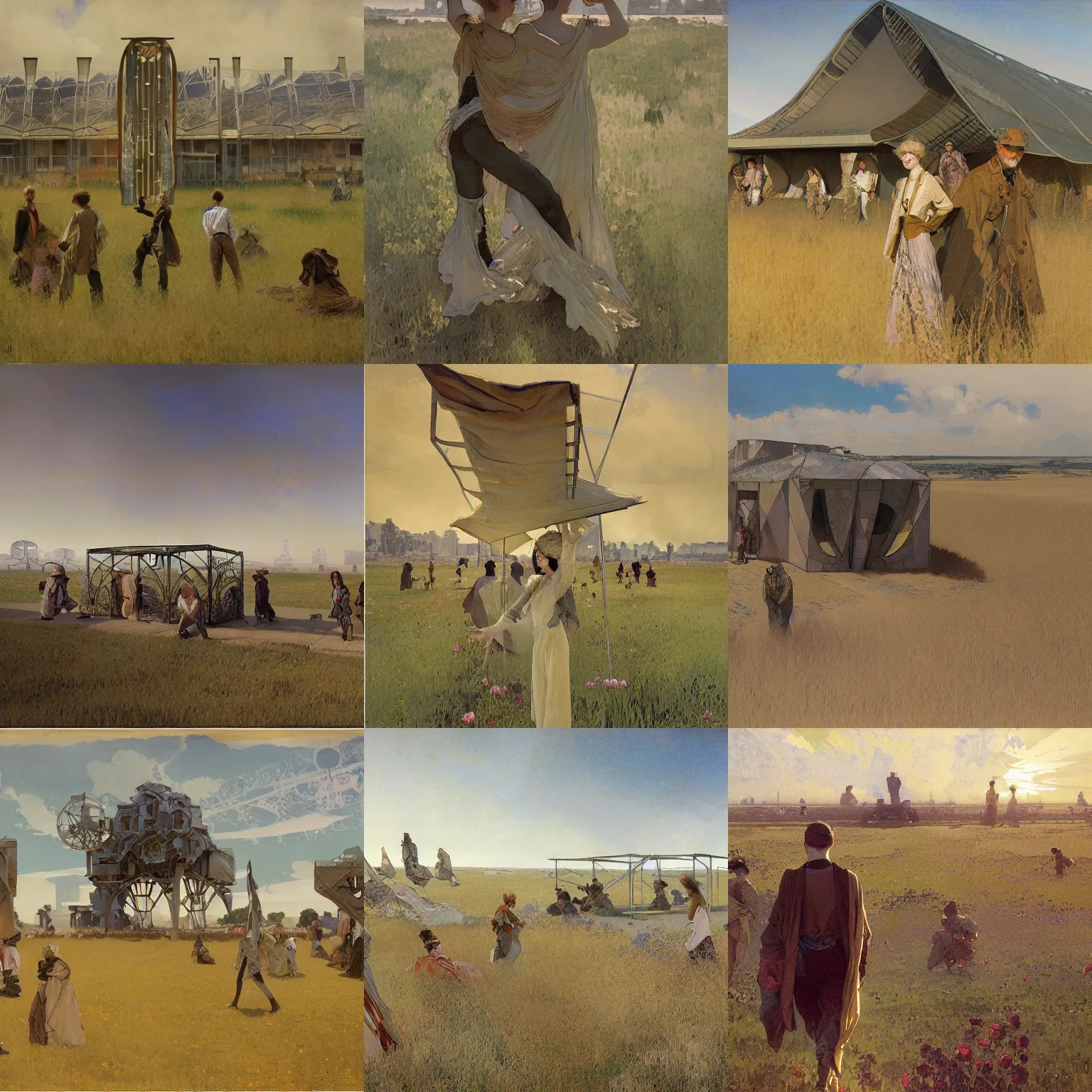 Prompt: hyper-realistic illustration of long shot of a small brutalist utility structure in the middle of a large field, by alfons mucha le pater, art nouveau, Craig Mullins, Jules Louis Machard, Pierre-Narcisse Guérin, Carl Schweninger, Jr., asymmetry