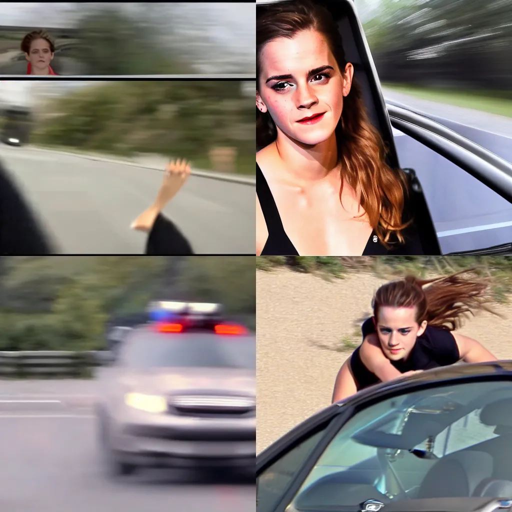 Prompt: dash cam footage emma watson running from the cops real fast motion blur 5 stars police chase