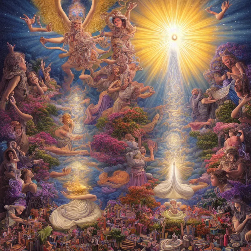 Prompt: a photorealistic detailed image of divine creativity providing solutions to humanities problems, spiritualism, wordly, utopian, triumphant, cinematic, epic, grandiose, unhinged, biology, surrealistic, by jason felix, dan mumford, kinkade, lisa frank, lois van baarle, ross tran, wpa, public works mural, orthodoxy