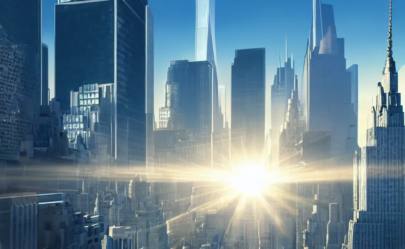 Image similar to futuristic new york. daylight. sunlight. lens flare. light fixtures. 8 k. detailed. photorealism. artstation. 2 5 mm f / 1. 7 asph lens. ultra realistic