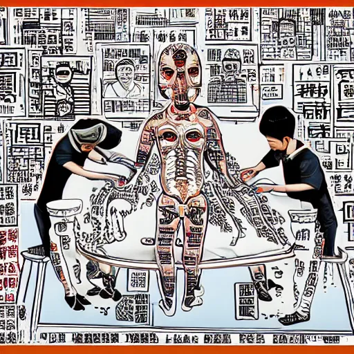 Image similar to chinese surgeons cutting up a body on an operating table, in the style of daniel johnston and outsider art, 8k, line brush, overlaid with traditional chinese adverts