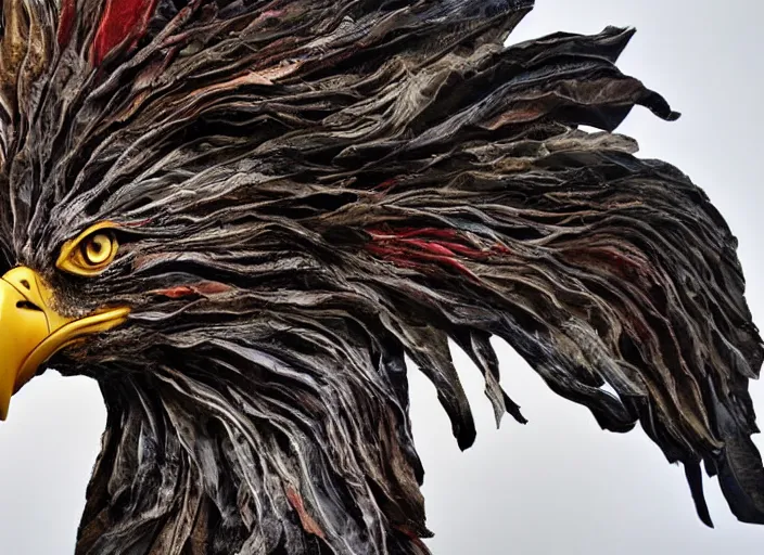 Image similar to pieces of a ripped flag!!!, chicken feathers and saw dust molten and restructured into a beautiful!!!, abstract!!! sculpture of an eagle, high contrast, award winning photo, dslr, high quality