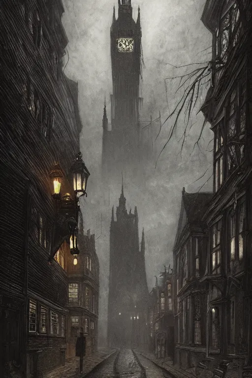 Prompt: haunted gothic old london 1 9 0 0, lovecraft, photorealistic, dark, atmospheric lighting, painted, intricate, ultra detailed by leesha hannigan, thierry doizon, kai carpenter, well composed, best on artstation, cgsociety, epic, stunning, gorgeous, intricate detail, smart color, sharp focus