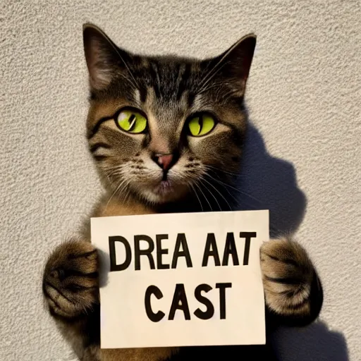 Prompt: realistic high quality photo of a cute cat holding a sign with text that reads : dream, cat, cas, cat cat dreamcats, cats, cas, cas, catss, cats, catscatscats, cats, cat, cats, caaats, cast, cast, cast, caast, cats, cat, cats dream cats