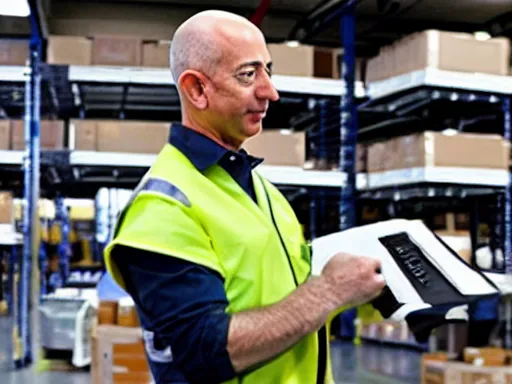 Prompt: jeff bezos working in an amazon warehouse