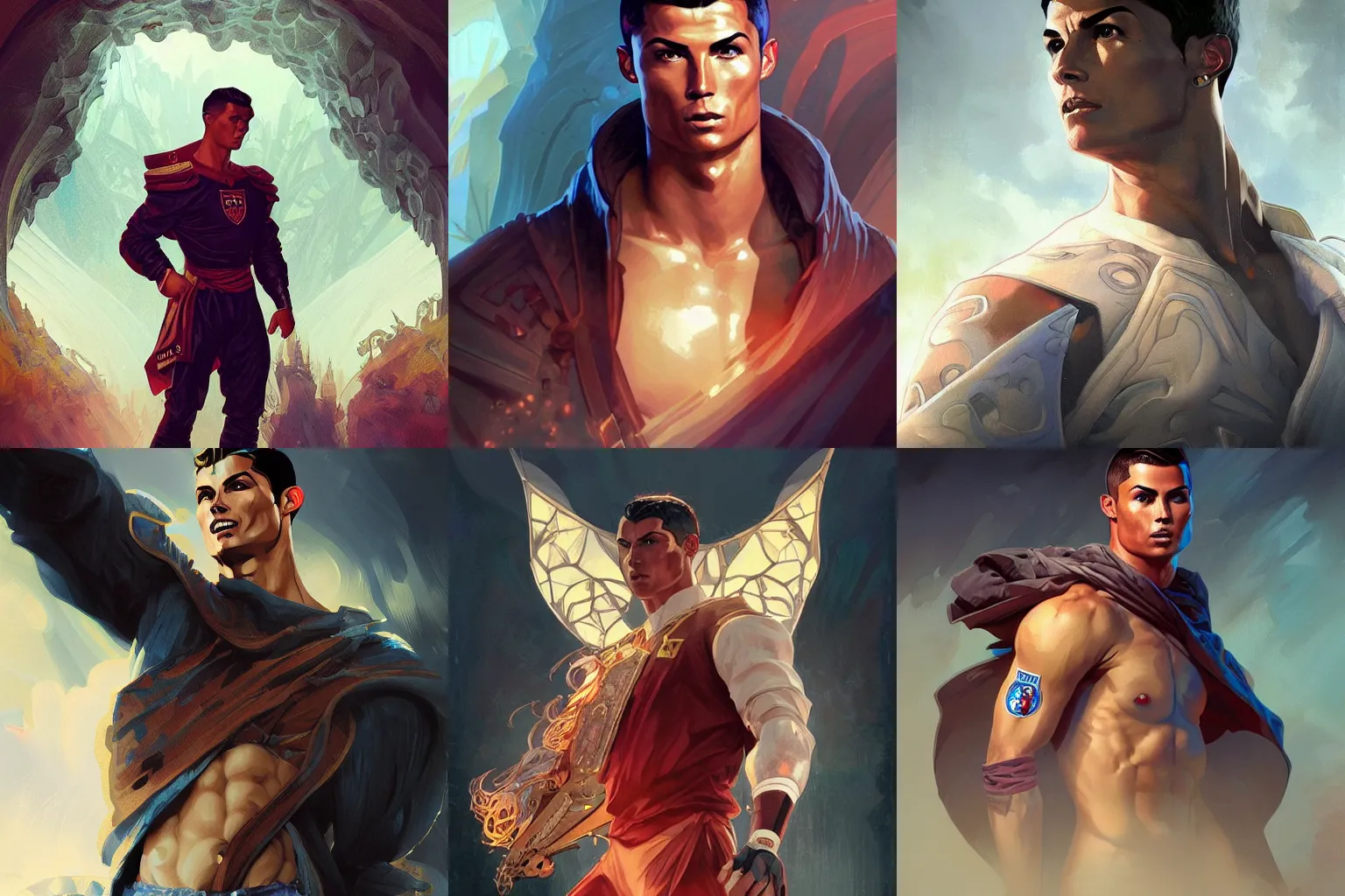 Prompt: Cristiano Ronaldo Russian hero digital fantasy character, painted portrait, artstation, concept art, hard focus, illustrations, works by Artgerm and Greg Rutkowski, Alphonse Mucha and Craig Mullins, James Jean, Andrey Ryabovichev, Mark Simonetti and Peter Morbacher, 16k