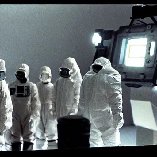Prompt: a photo of men wearing hazmat suits, standing around a glowing machine, arriflex 3 5, film still