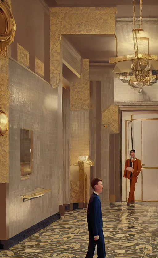 Prompt: a young man explores the halls and foyer of a grand old art deco hotel, meeting its eclectic guests. film poster. wes anderson. golden light. collage. photorealistic. octane render. cinematic. trending on artstation. textless.