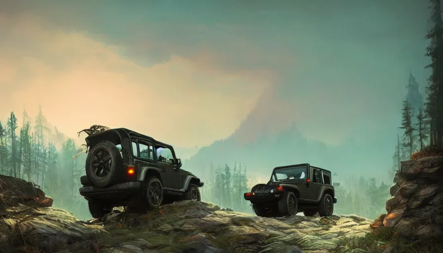 Image similar to single jeep wrangler, tribe members watching nearby, an epic fantasy, dramatic lighting, cinematic, establishing shot, extremely high detail, photorealistic, cinematic lighting, artstation, by simon stalenhag, horizon forbidden west