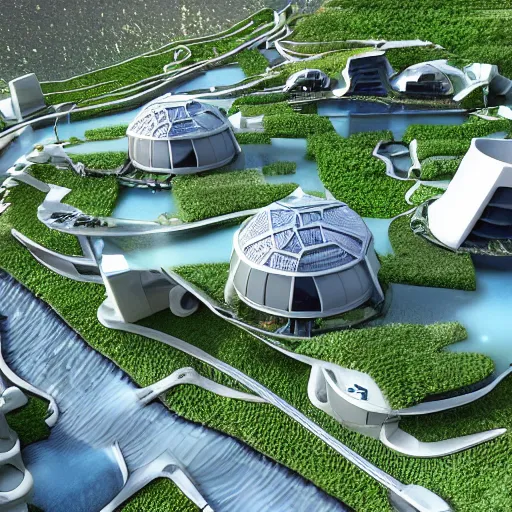 Image similar to futuristic houses in crazy locations, ultra realistic, intricate details, highly detailed, photorealistic, 8 k, vegetation, water