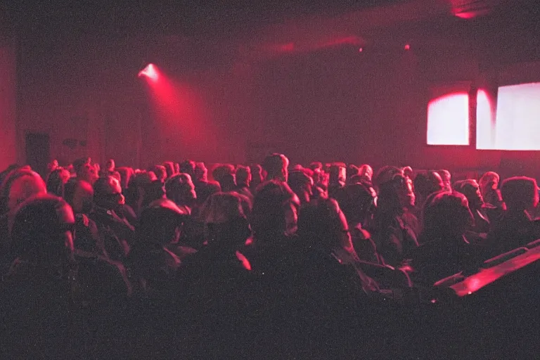 Prompt: a dark conference hall, people cheering at the man with sunglasses on stage, atmospheric and obscure, red neon light, by roger deakins, cinematography, syd mead