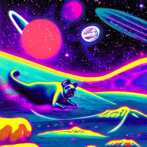 Prompt: Liminal space in outer space, Rad Dog Neon Surf aesthetic