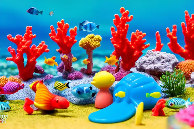 Prompt: fisher price coral reef, california scene from tv show hyper detailed 5 5 mm 8 5 mm, toy photography, made out of plastic