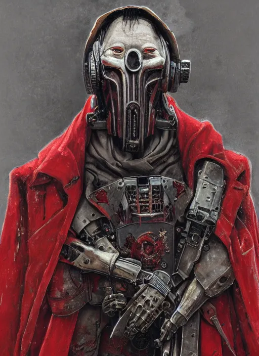 Image similar to portrait of rotten Nicolas Cage with respirator as adeptus mechanicus in red hood and robe from Warhammer 40000. Highly detailed, artstation, illustration by and John Blanche and zdislav beksinski and wayne barlowe