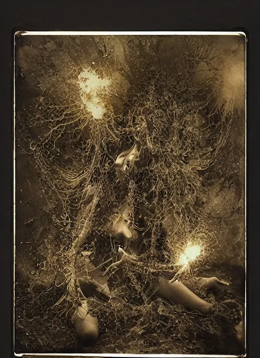 Image similar to old wetplate daguerreotype demoniacal beats explosion of data fragments, fractal, intricate, elegant, highly detailed, parallax, leica, medium format, subsurface scattering, by jheronimus bosch and greg rutkowski and louis jacques mande daguerre and brom