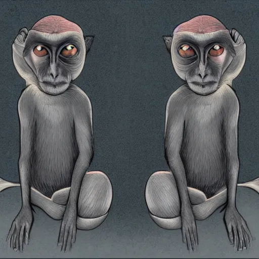 Image similar to two macaques looking at each other inside alien base, digital art, soft shadows, creepy art