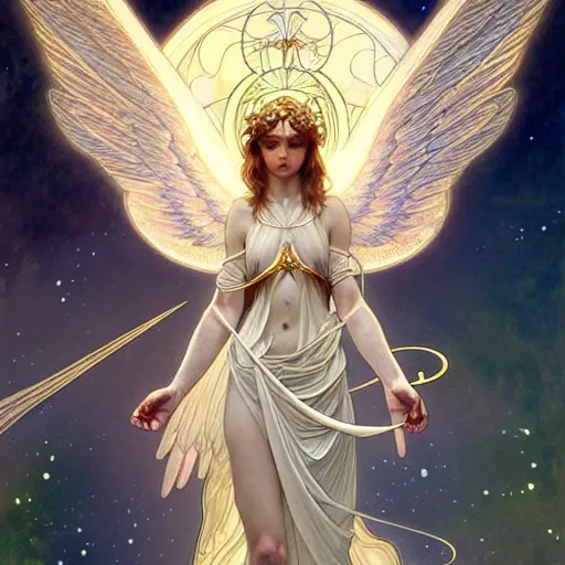 Image similar to Tarot card of an angel girl with glowing halo and highly detailed intricate wings, art nouveau, fantasy, intricate, elegant, highly detailed, digital painting, artstation, concept art, smooth, sharp focus, illustration, art by Krenz Cushart and Artem Demura and alphonse mucha