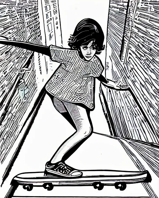 Image similar to wide shot of a young pretty skater skateboard skateboarder 1985 skatergirl style, graphic novel art by Jean Giraud, black and white, pastel color, neon color