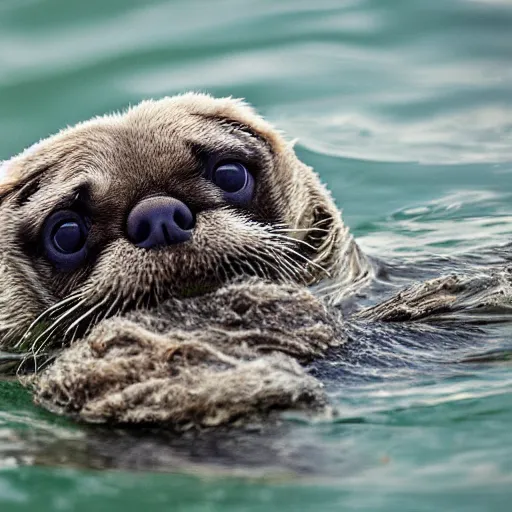 Prompt: an sea-otter that looks like a pug, national geographic photography