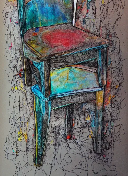 Prompt: chair, mixed medium, messy artwork, depth