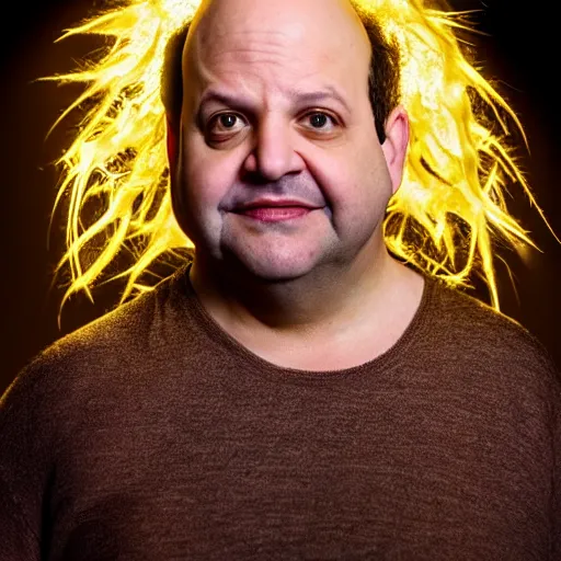 Image similar to uhd candid photo of jason alexander as a super sayian, glowing, global illumination, studio lighting, radiant light, detailed, correct face, elaborate intricate costume. photo by annie leibowitz