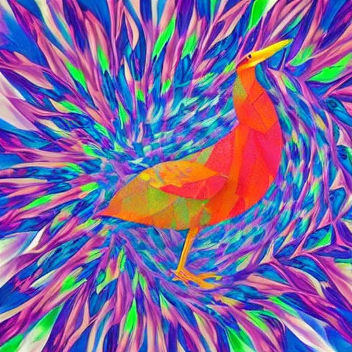 Image similar to A beautiful mixed media art of a large, colorful bird with a long, sweeping tail. The bird is surrounded by swirling lines and geometric shapes in a variety of colors by Klaus Wittmann, by Andy Goldsworthy kaleidoscopic