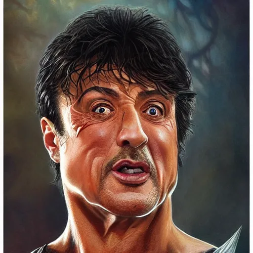 Image similar to close up cringy sylvester stallone as a dhampir, elegant, highly detailed, centered, digital painting, artstation, concept art, smooth, sharp focus, illustration, artgerm, tomasz alen kopera, peter mohrbacher, donato giancola, joseph christian leyendecker, wlop, frank frazetta